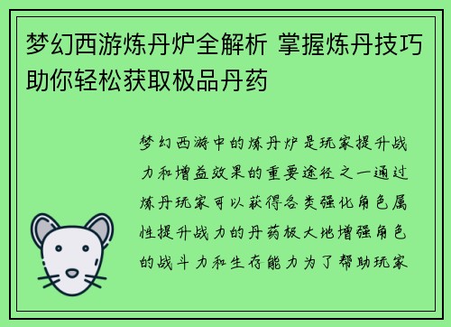 梦幻西游炼丹炉全解析 掌握炼丹技巧助你轻松获取极品丹药